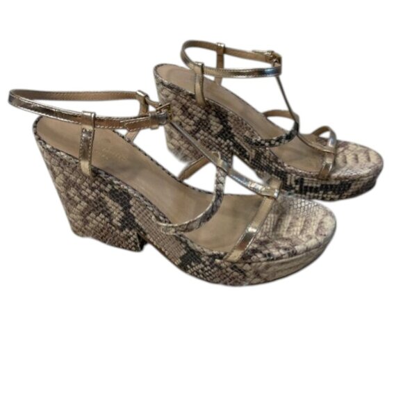 Kate Spade Venezia Heels 7.5 Tan Snake Print Strappy Platform Open Toe Italy - Picture 1 of 11